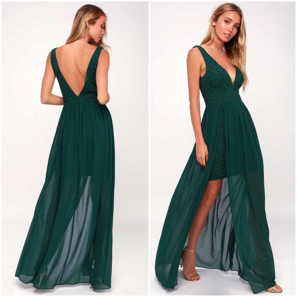 NWT Lulus Make Way for Wonderful Dark Green Lace Maxi Dress XS